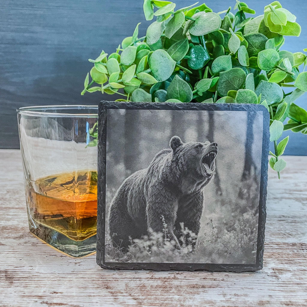 Engraved Bear Slate Coasters (Set of 4) - Rustic Cabin Decor