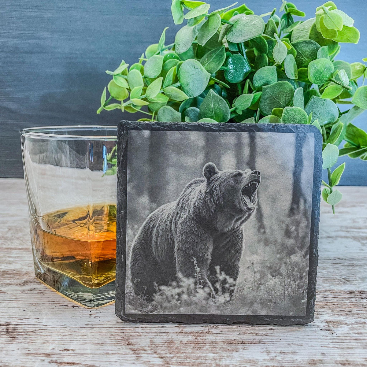 Engraved Bear Slate Coasters (Set of 4) - Rustic Cabin Decor