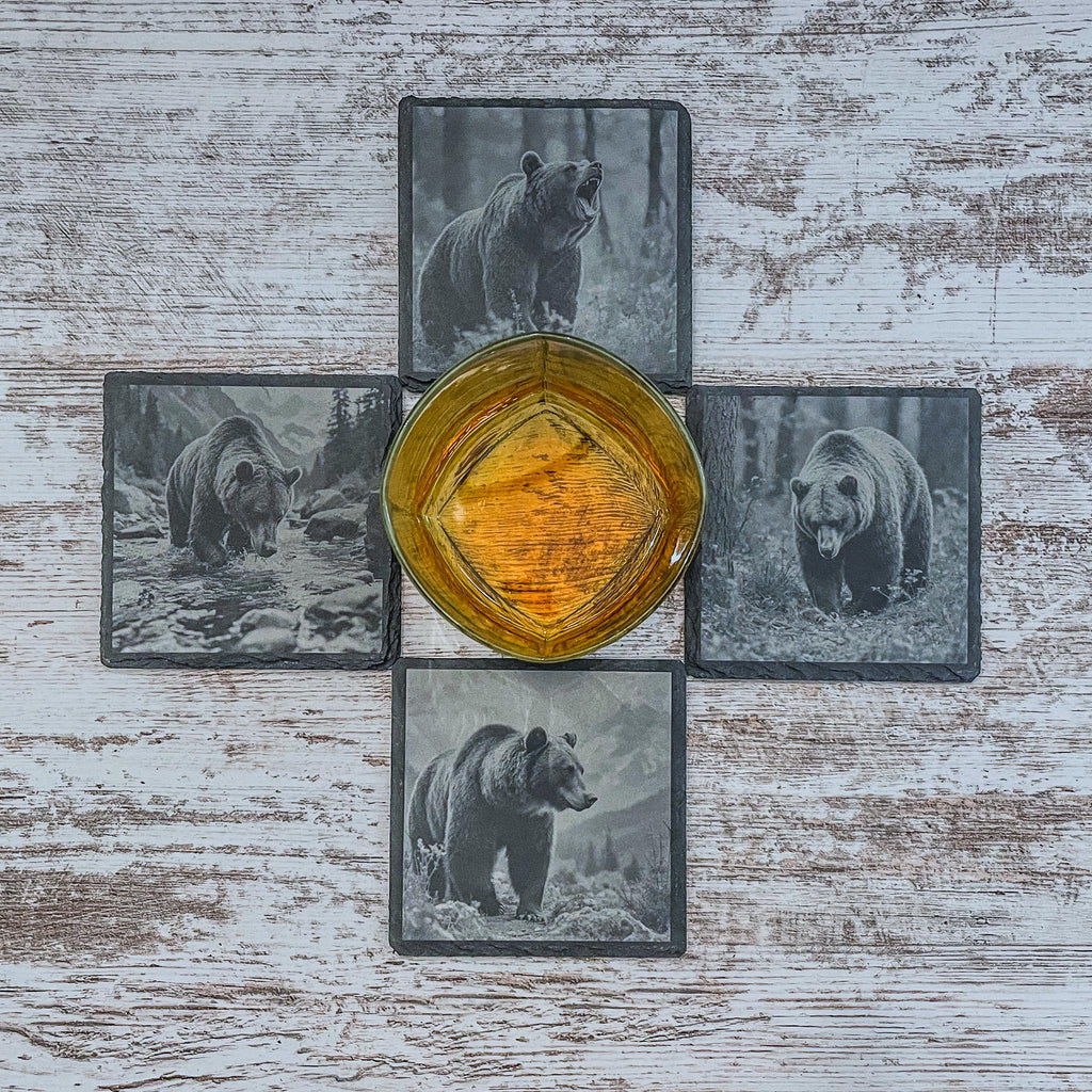 Engraved Bear Slate Coasters (Set of 4) - Rustic Cabin Decor