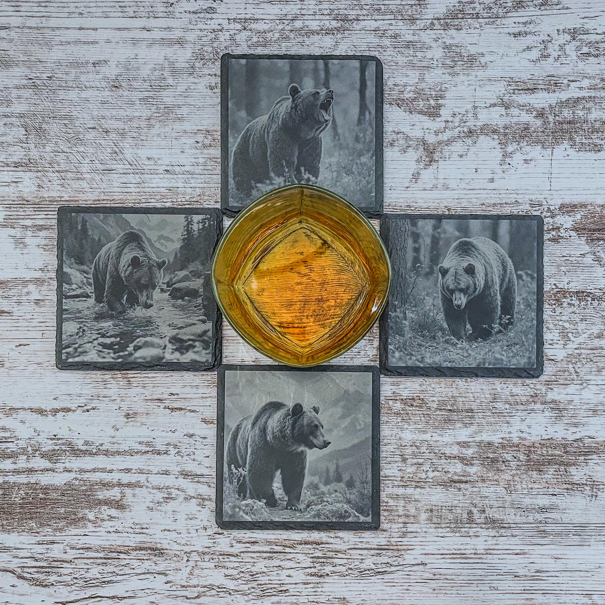 Engraved Bear Slate Coasters (Set of 4) - Rustic Cabin Decor