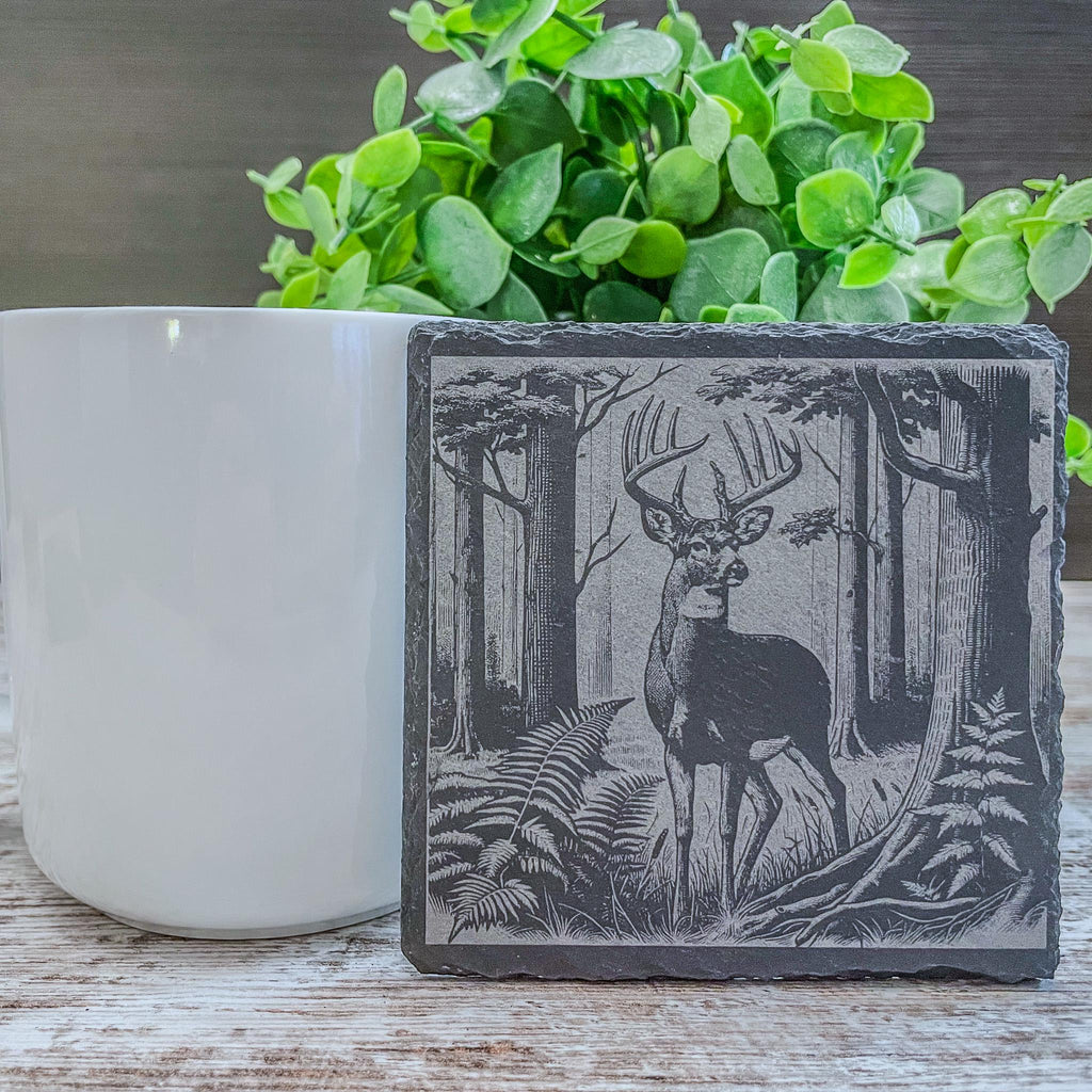 Slate coaster with whitetail deer engraved, available in sets of 4-12