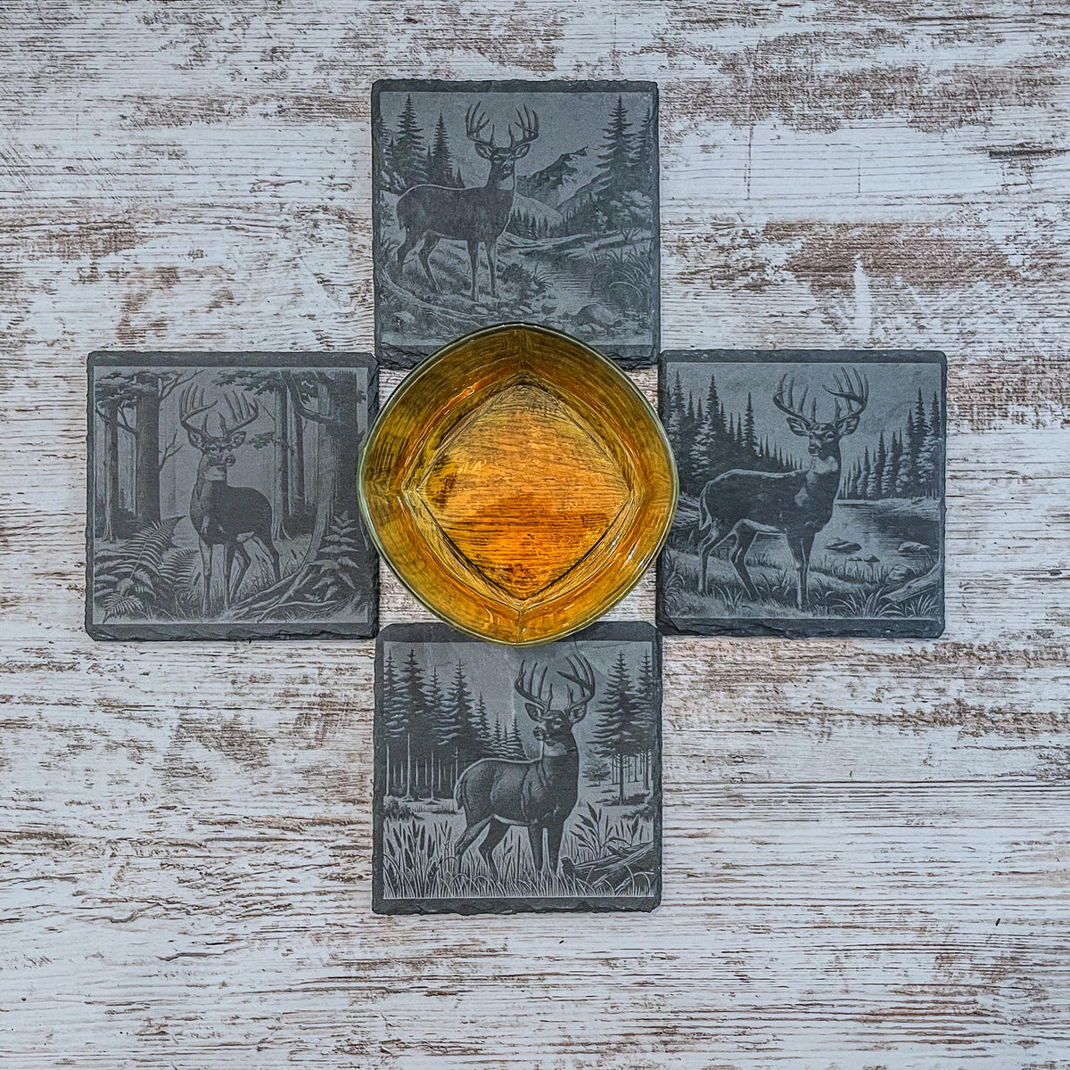 Slate coaster with whitetail deer engraved, available in sets of 4-12