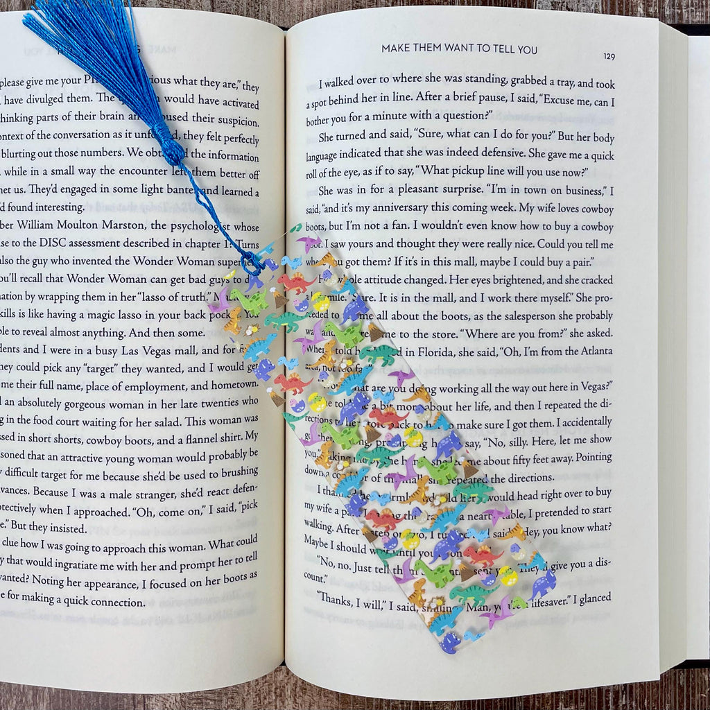 Colorful Dinosaur Bookmark, Fun Book Accessory or Dinosaur Party Favor for Young Readers