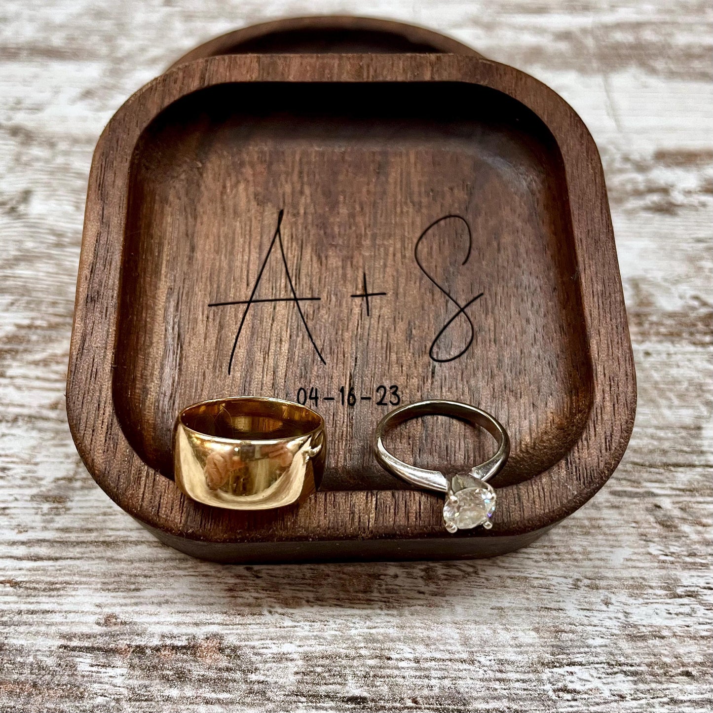 Personalized Wood Ring Dish, Handmade Walnut Jewelry Tray, Custom Initials Trinket Tray, Engagement Wedding Gift