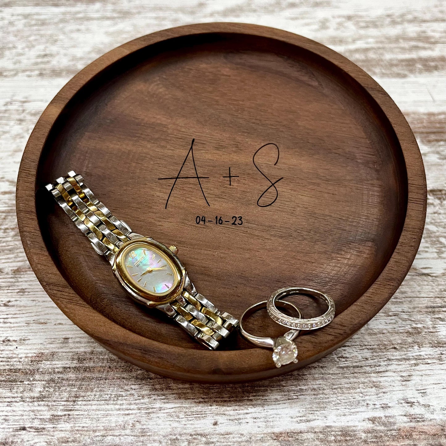 Personalized Wood Jewelry Tray, 5 Inch Ring Dish, Handmade Wooden Catchall Tray, Custom Engraved Wedding or Anniversary Gift