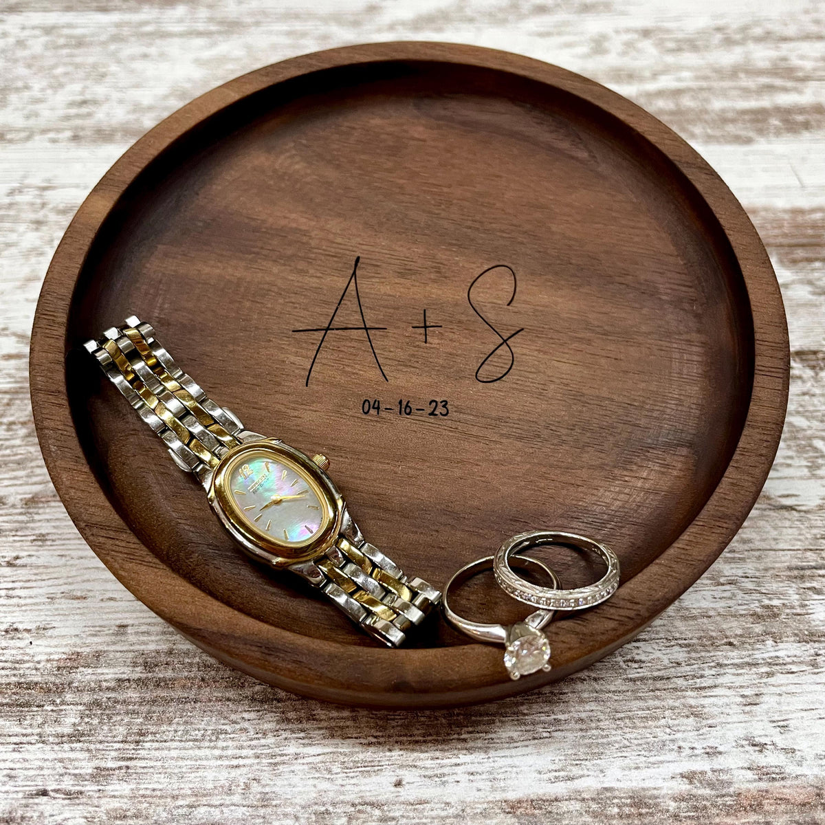 Personalized Wood Jewelry Tray, 5 Inch Ring Dish, Handmade Wooden Catchall Tray, Custom Engraved Wedding or Anniversary Gift