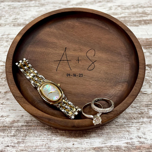 Personalized Wood Jewelry Tray, 5 Inch Ring Dish, Handmade Wooden Catchall Tray, Custom Engraved Wedding or Anniversary Gift