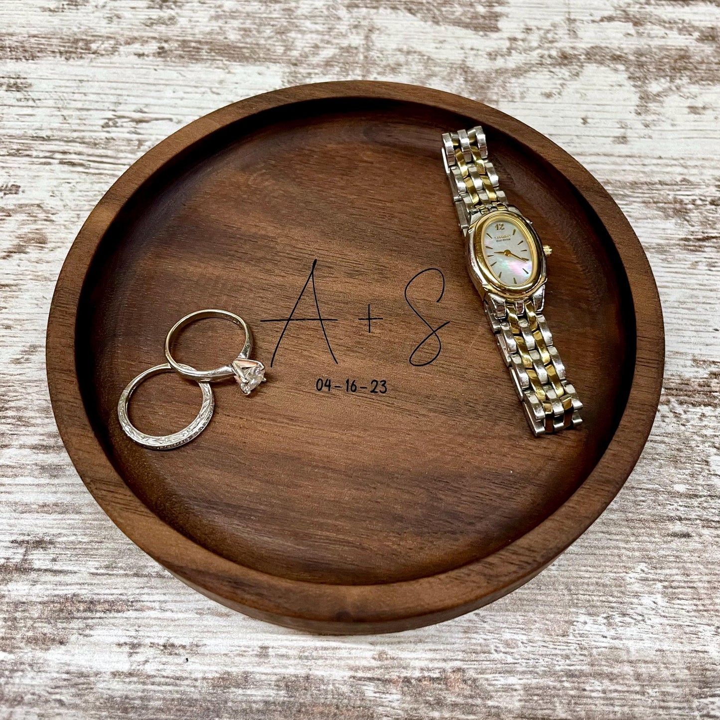 Personalized Wood Jewelry Tray, 5 Inch Ring Dish, Handmade Wooden Catchall Tray, Custom Engraved Wedding or Anniversary Gift