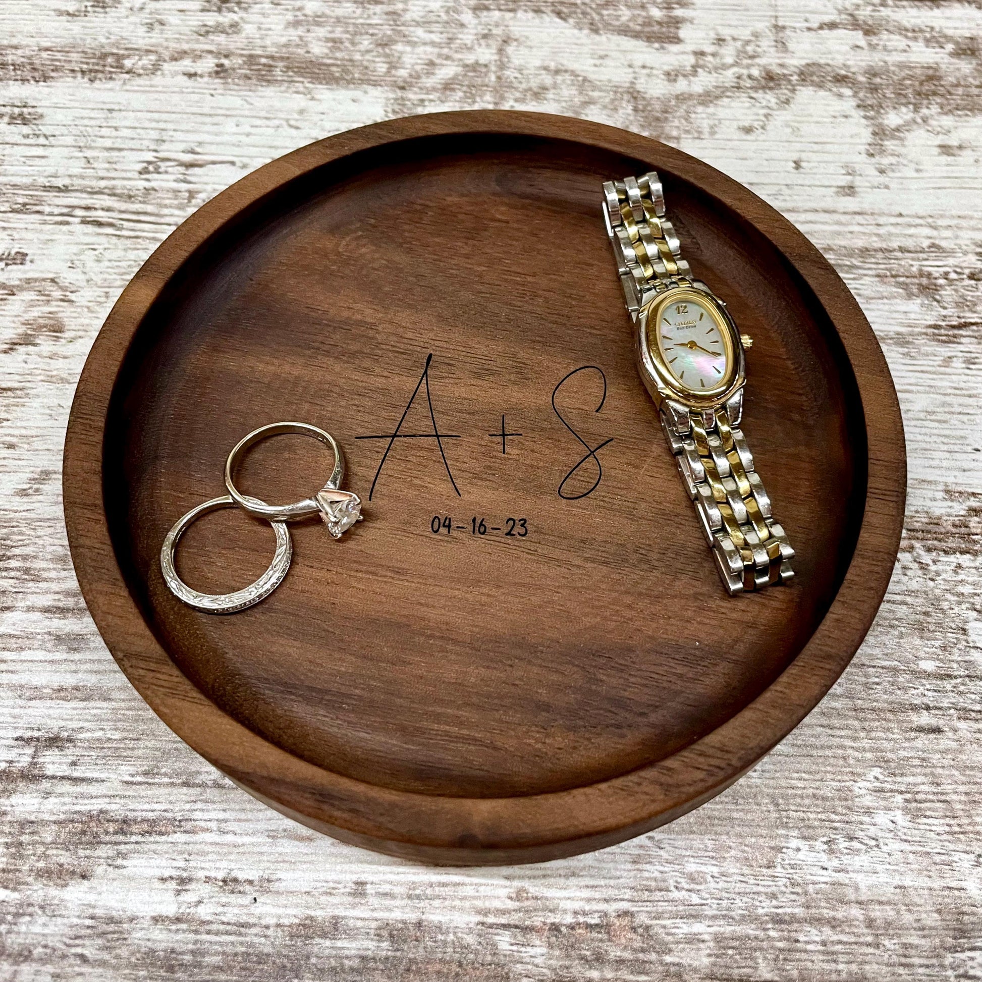 Personalized Wood Jewelry Tray, 5 Inch Ring Dish, Handmade Wooden Catchall Tray, Custom Engraved Wedding or Anniversary Gift