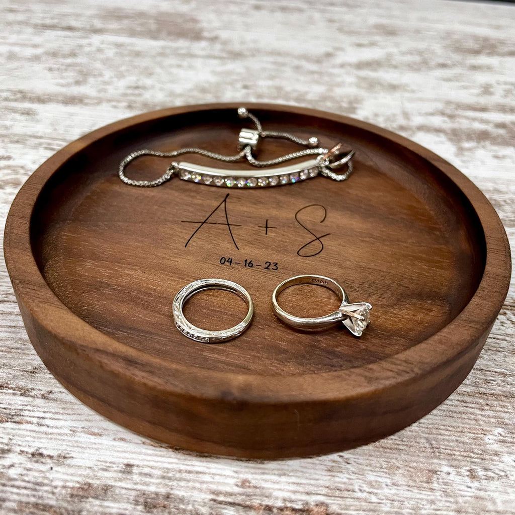 Personalized Wood Jewelry Tray, 5 Inch Ring Dish, Handmade Wooden Catchall Tray, Custom Engraved Wedding or Anniversary Gift