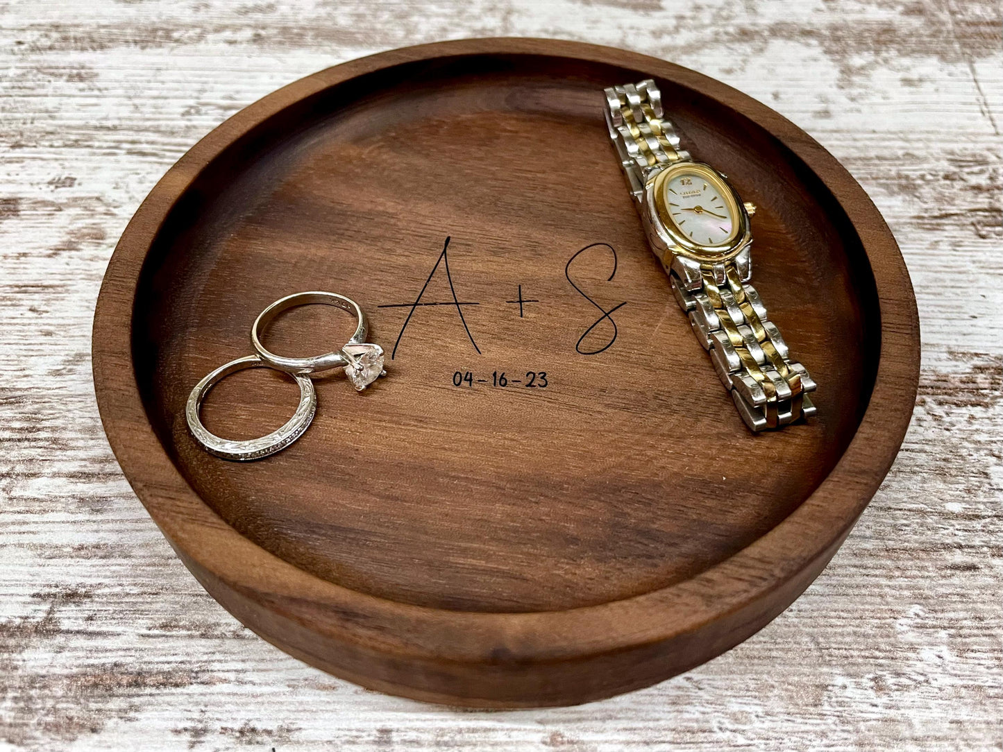 Personalized Wood Jewelry Tray, 5 Inch Ring Dish, Handmade Wooden Catchall Tray, Custom Engraved Wedding or Anniversary Gift