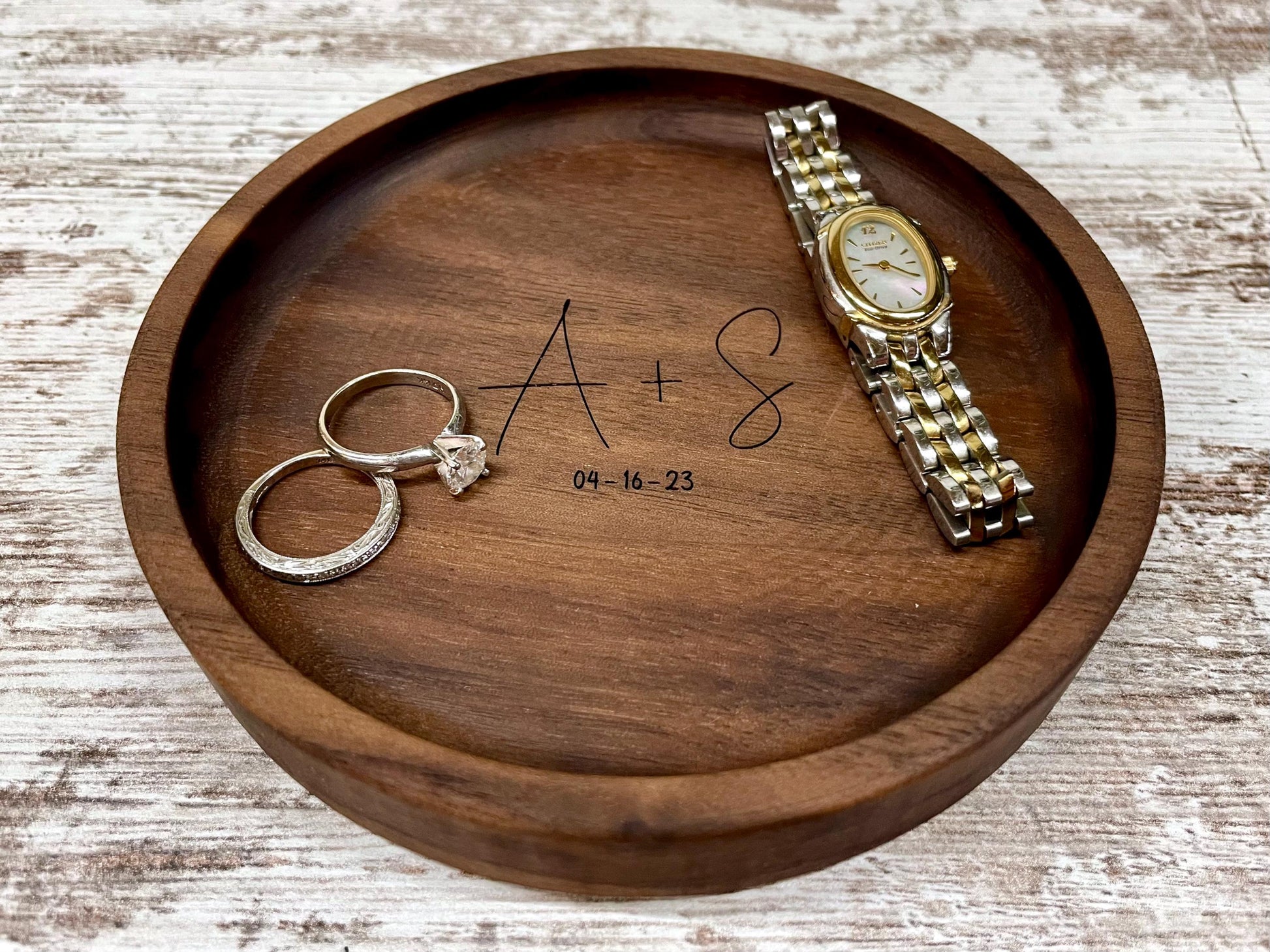 Personalized Wood Jewelry Tray, 5 Inch Ring Dish, Handmade Wooden Catchall Tray, Custom Engraved Wedding or Anniversary Gift