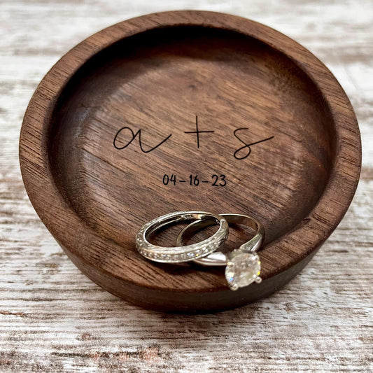 Personalized Wood Ring Dish, Handmade Walnut Jewelry Tray, Custom Initials Trinket Tray, Engagement Wedding Gift