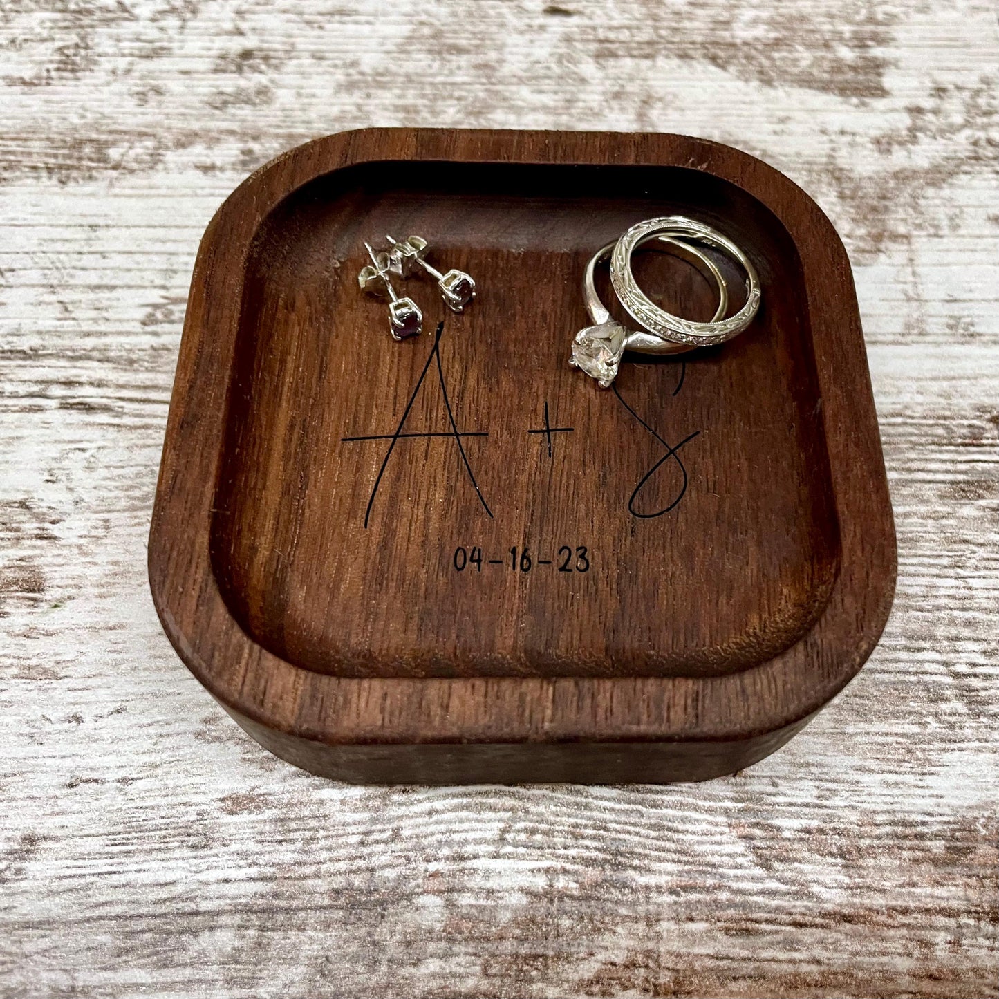 Personalized Wood Ring Dish, Handmade Walnut Jewelry Tray, Custom Initials Trinket Tray, Engagement Wedding Gift