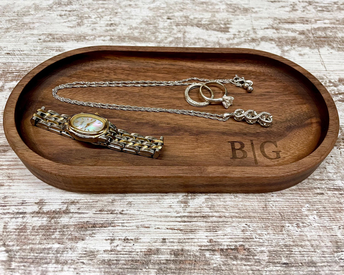 Personalized Jewelry Tray, Oval Wood Ring Dish, Custom Engraved Catchall Tray, Handmade Necklace Watch Bracelet Holder, Wedding Gift