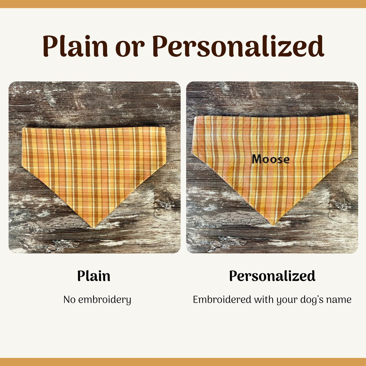 Personalized Dog Bandana, Orange Plaid Scrunchie Bandana with Embroidered Name, Slip-On Autumn Dog Accessory