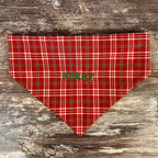 Personalized Red Plaid Dog Bandana with Custom Embroidery and a Scrunchie Neck