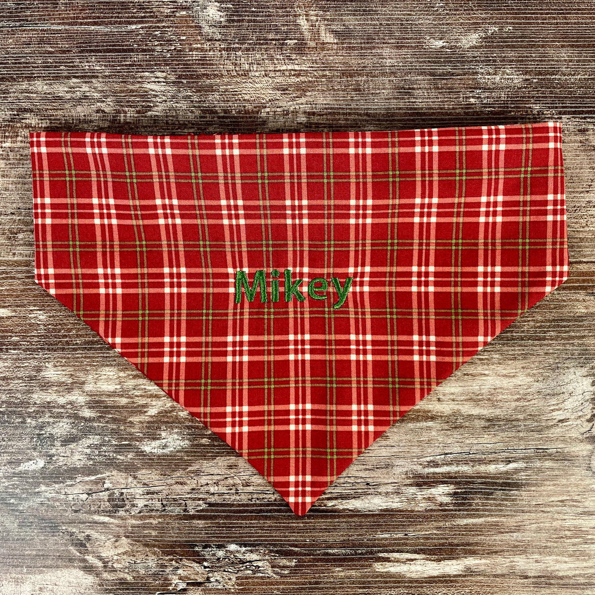 Personalized Red Plaid Dog Bandana with Custom Embroidery and a Scrunchie Neck