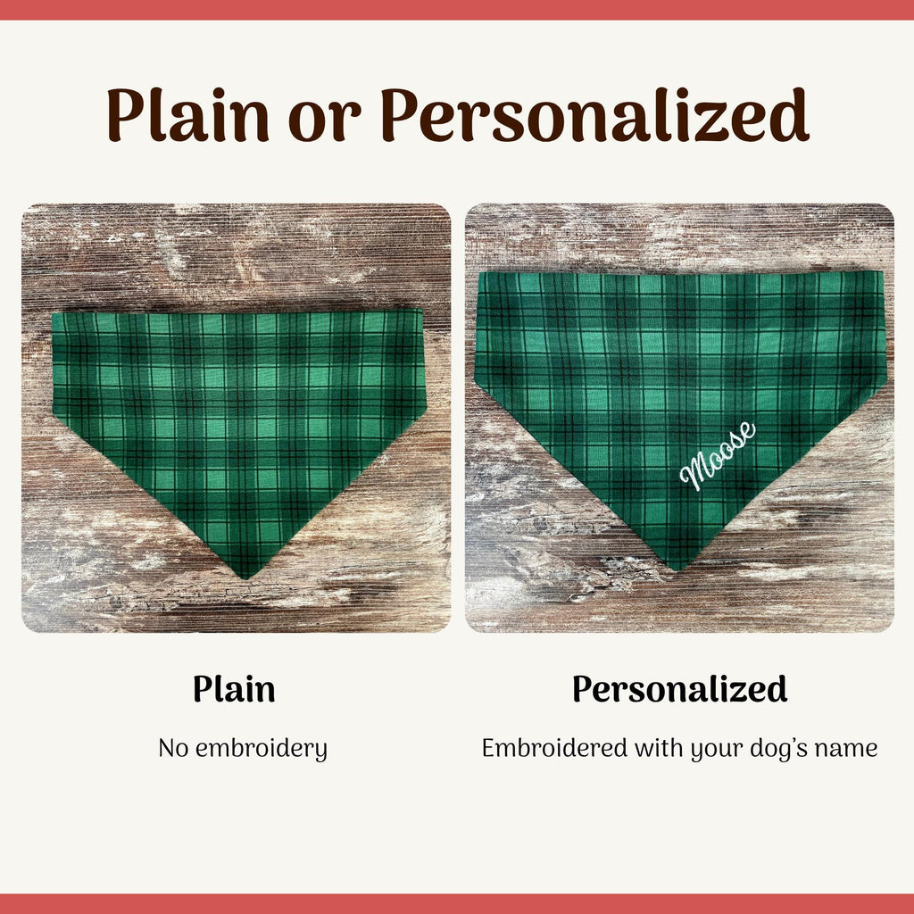 Personalized Green Plaid Dog Bandana with Custom Embroidery and a Scrunchie Neck