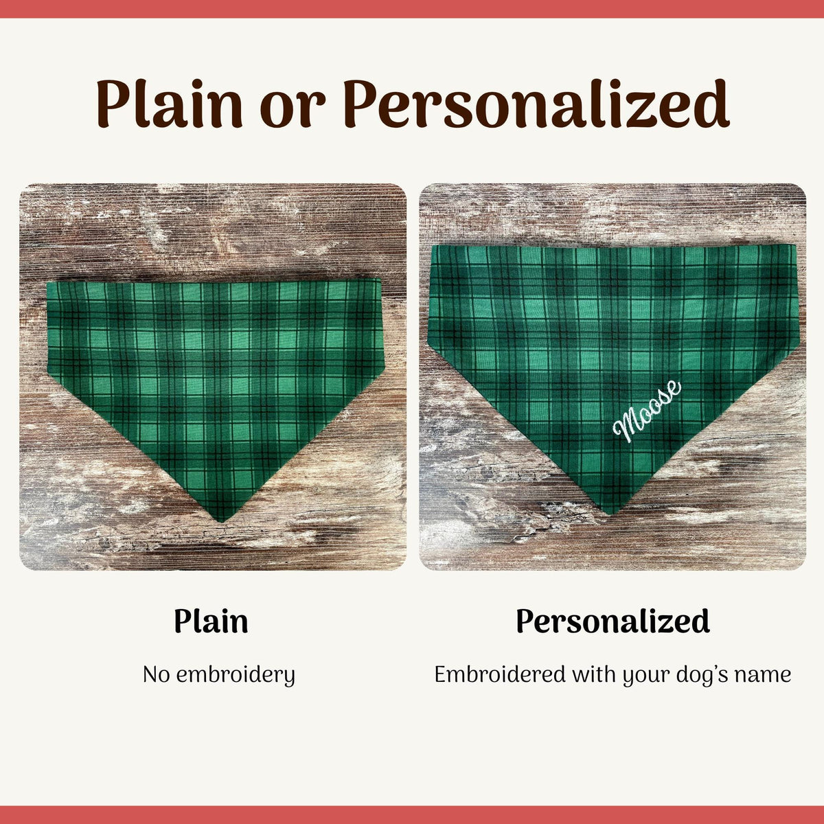 Personalized Green Plaid Dog Bandana with Custom Embroidery and a Scrunchie Neck