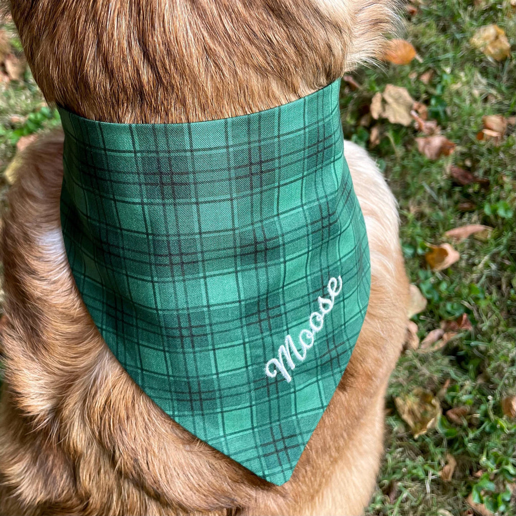 Personalized Green Plaid Dog Bandana with Custom Embroidery and a Scrunchie Neck