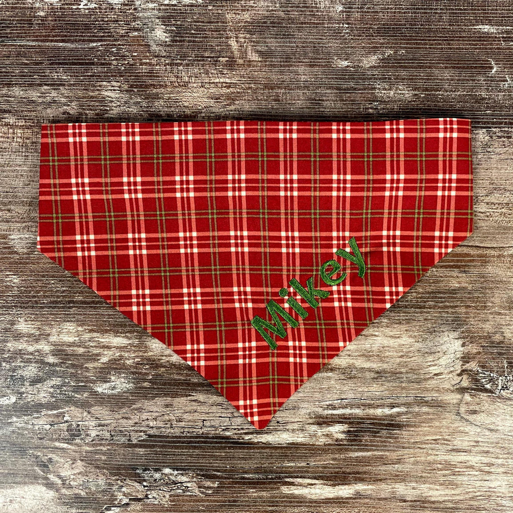 Personalized Red Plaid Dog Bandana with Custom Embroidery and a Scrunchie Neck