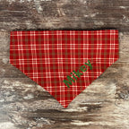 Personalized Red Plaid Dog Bandana with Custom Embroidery and a Scrunchie Neck