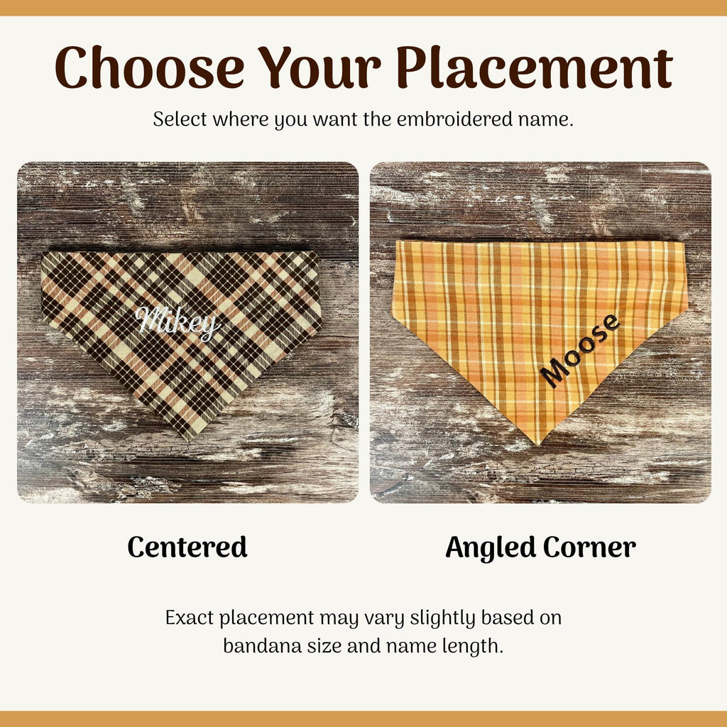 Personalized Dog Bandana, Orange Plaid Scrunchie Bandana with Embroidered Name, Slip-On Autumn Dog Accessory