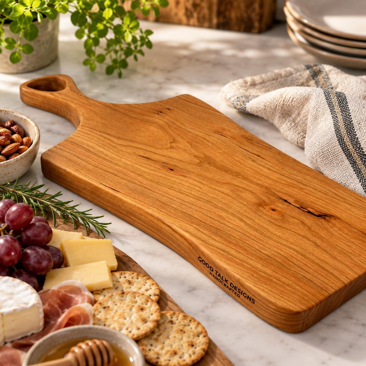 Serving Board with Handle, Charcuterie Board, Wooden Serving Tray, Cheese Board, Reversible Serving Board, Kitchen Serving Platter