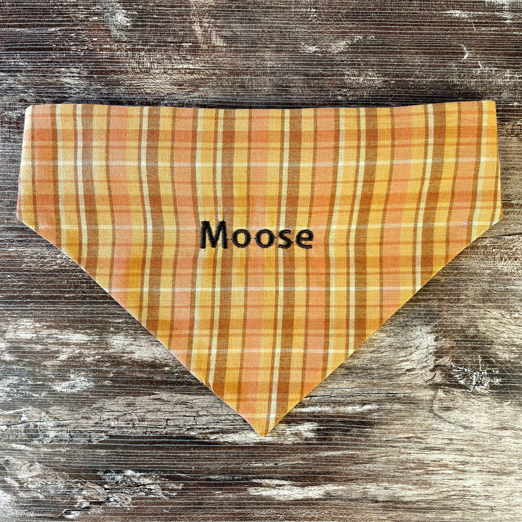 Personalized Dog Bandana, Orange Plaid Scrunchie Bandana with Embroidered Name, Slip-On Autumn Dog Accessory