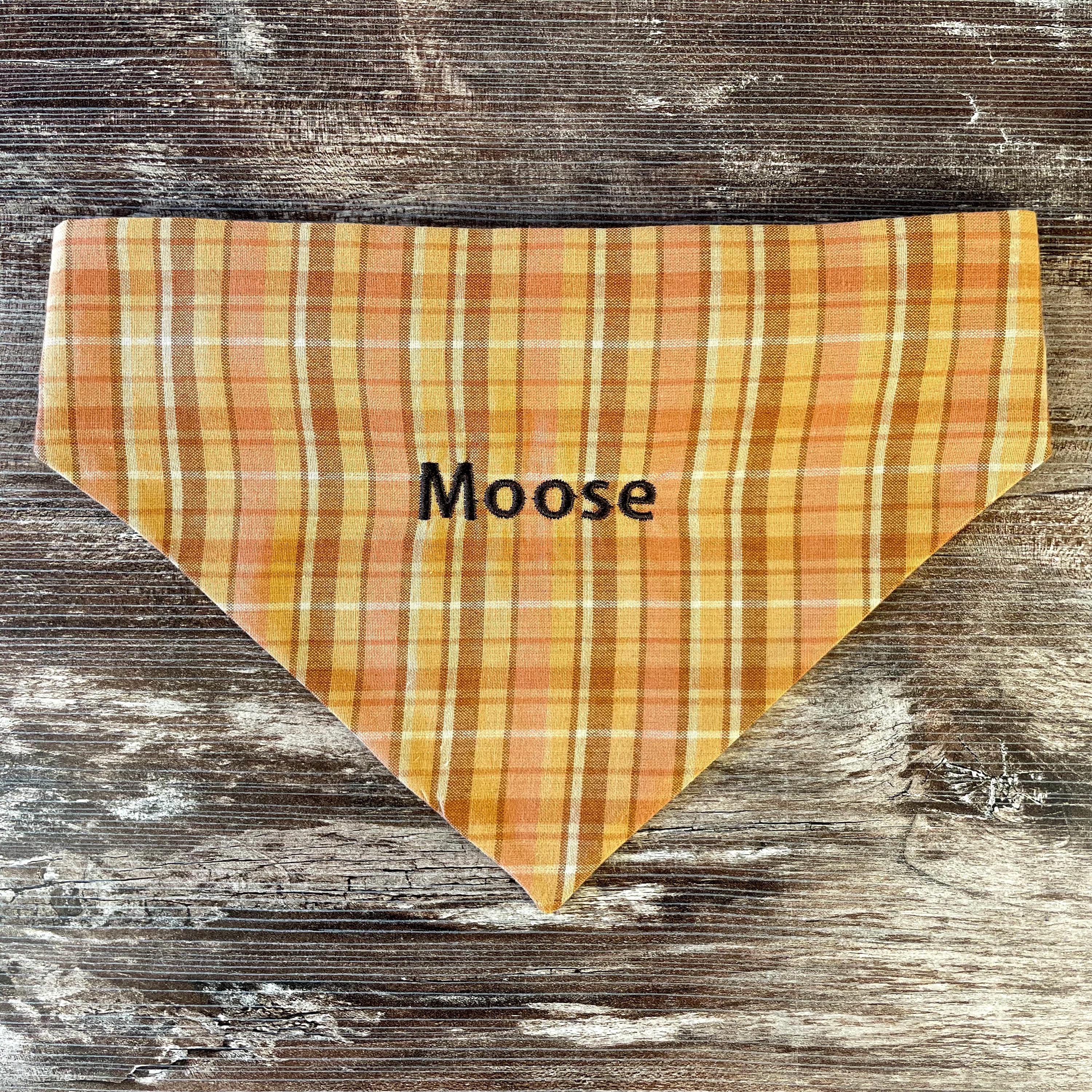 Personalized Dog Bandana, Orange Plaid Scrunchie Bandana with Embroidered Name, Slip-On Autumn Dog Accessory