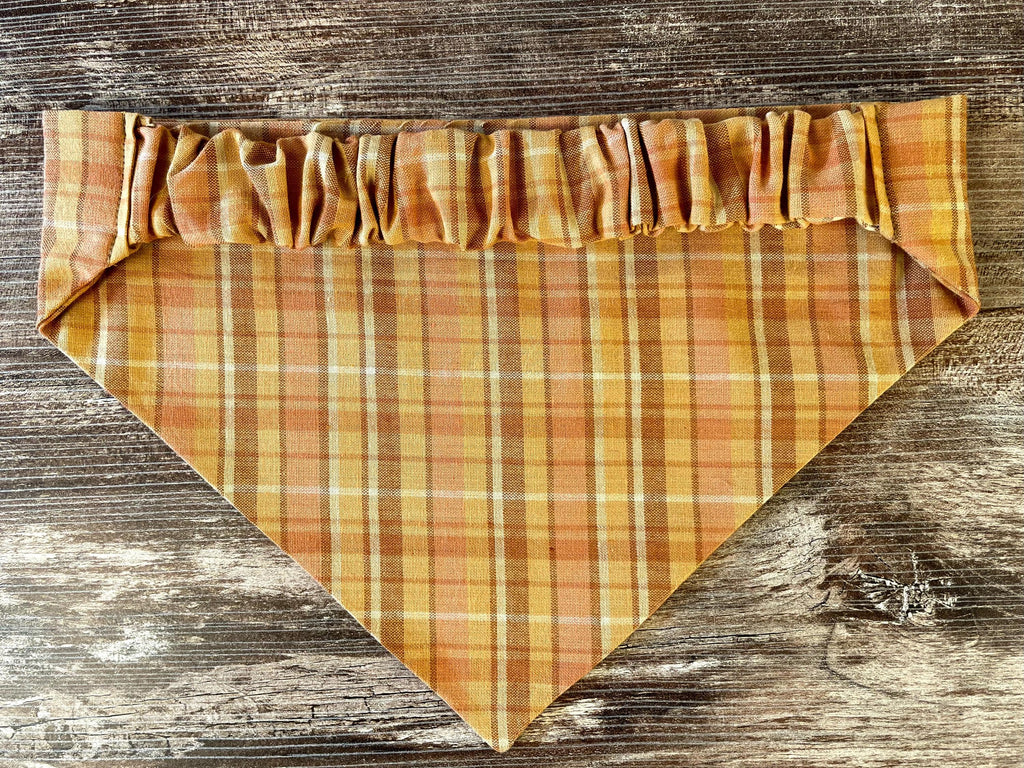 Personalized Dog Bandana, Orange Plaid Scrunchie Bandana with Embroidered Name, Slip-On Autumn Dog Accessory