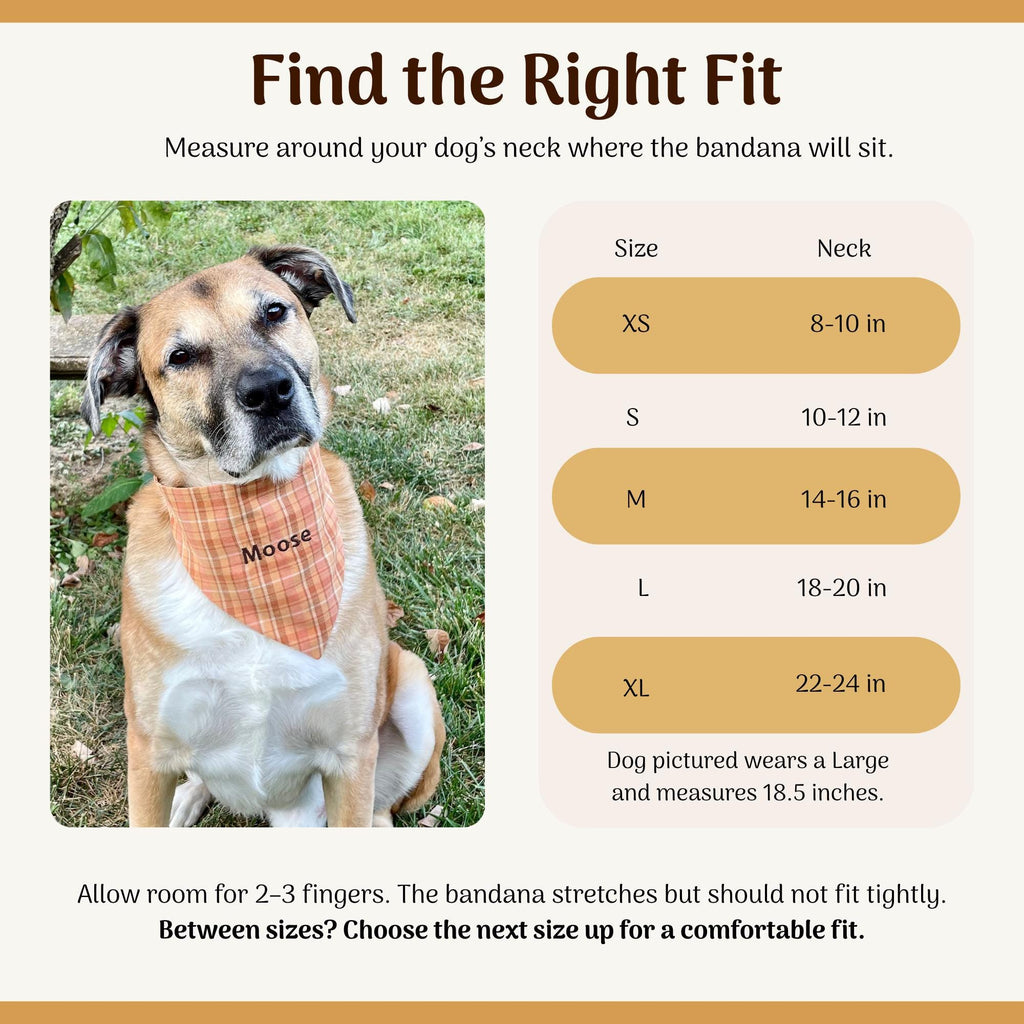 Personalized Dog Bandana, Orange Plaid Scrunchie Bandana with Embroidered Name, Slip-On Autumn Dog Accessory