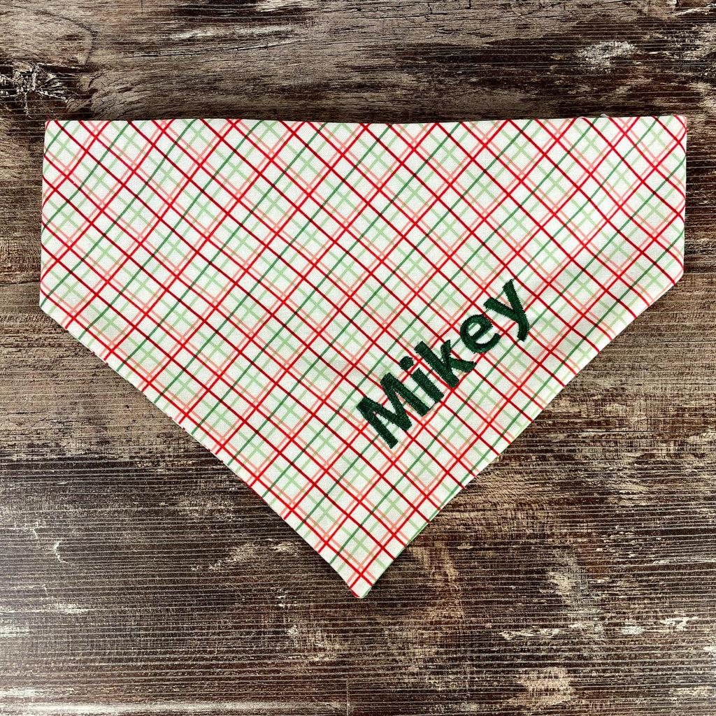 Personalized Christmas Dog Bandana in Red and Green Plaid with an Embroidered Name and Slip-On Scrunchie Neck