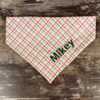 Personalized Christmas Dog Bandana in Red and Green Plaid with an Embroidered Name and Slip-On Scrunchie Neck