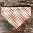 Personalized Christmas Dog Bandana in Red and Green Plaid with an Embroidered Name and Slip-On Scrunchie Neck