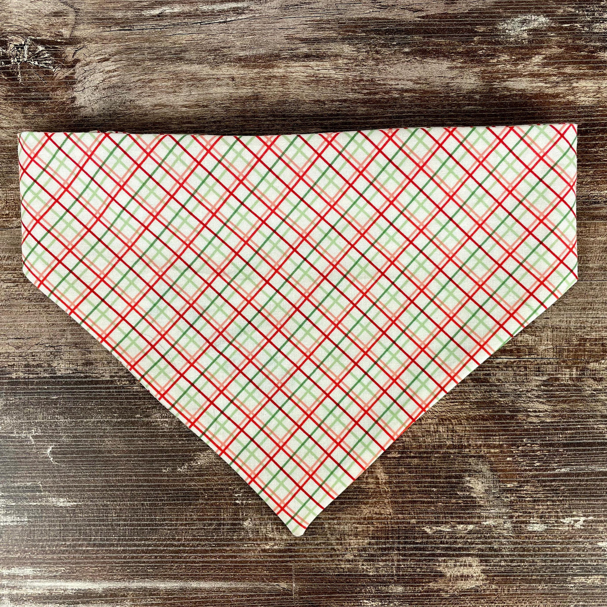 Personalized Christmas Dog Bandana in Red and Green Plaid with an Embroidered Name and Slip-On Scrunchie Neck