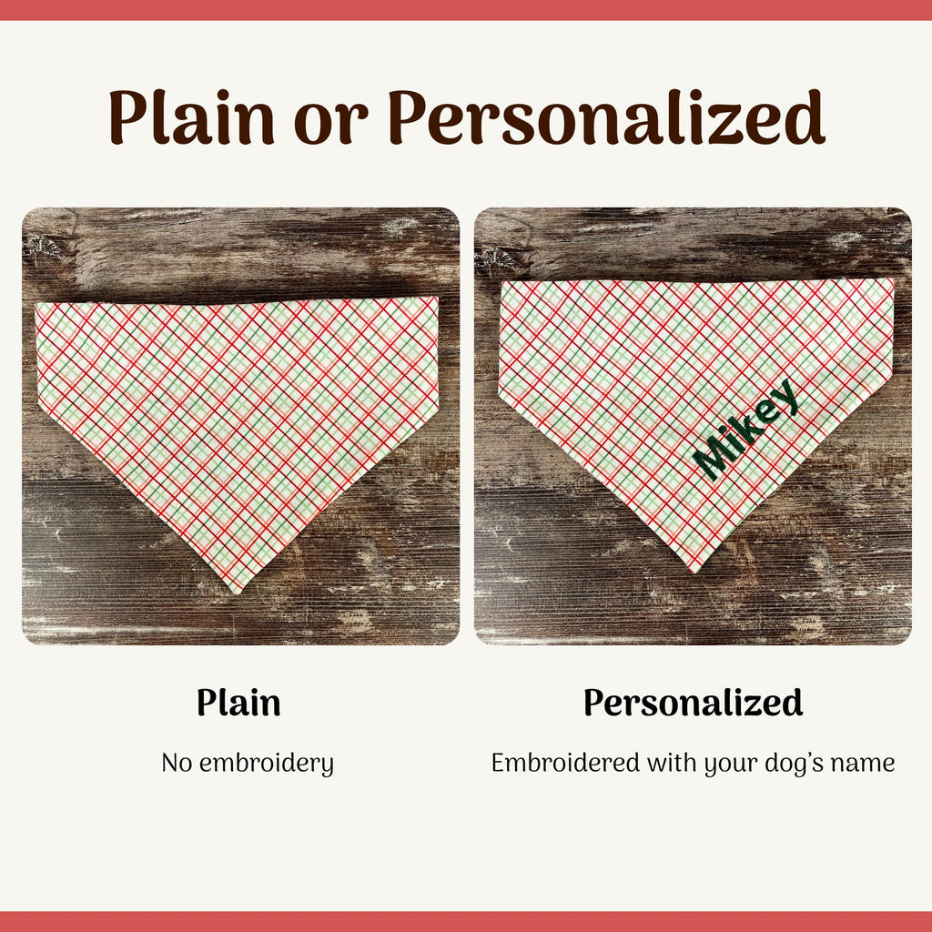 Personalized Christmas Dog Bandana in Red and Green Plaid with an Embroidered Name and Slip-On Scrunchie Neck