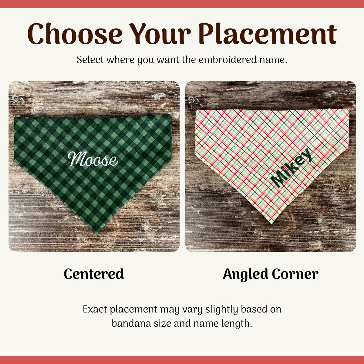 Personalized Christmas Dog Bandana in Red and Green Plaid with an Embroidered Name and Slip-On Scrunchie Neck