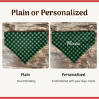 Personalized Green Dog Bandana in Classic Plaid with an Embroidered Name and Easy Slip-On Scrunchie Neck
