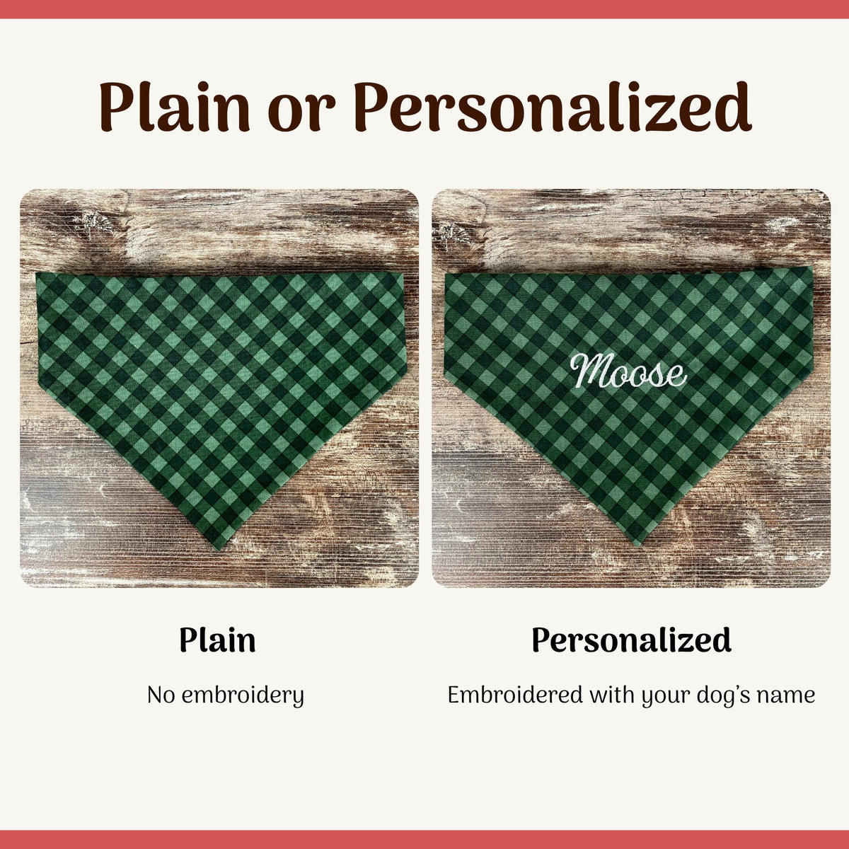 Personalized Green Dog Bandana in Classic Plaid with an Embroidered Name and Easy Slip-On Scrunchie Neck