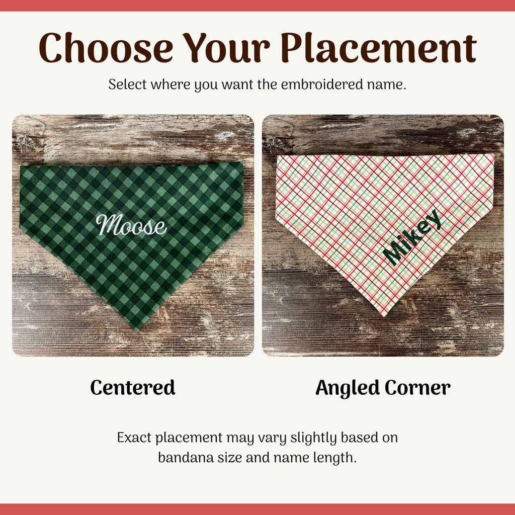 Personalized Green Dog Bandana in Classic Plaid with an Embroidered Name and Easy Slip-On Scrunchie Neck