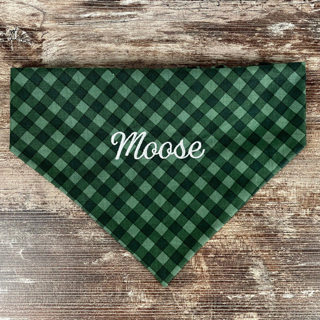 Personalized Green Dog Bandana in Classic Plaid with an Embroidered Name and Easy Slip-On Scrunchie Neck