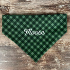 Personalized Green Dog Bandana in Classic Plaid with an Embroidered Name and Easy Slip-On Scrunchie Neck