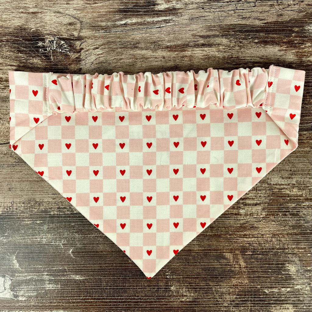 Personalized Pink Heart Dog Bandana with an Embroidered Name and Comfortable Slip-On Scrunchie Neck