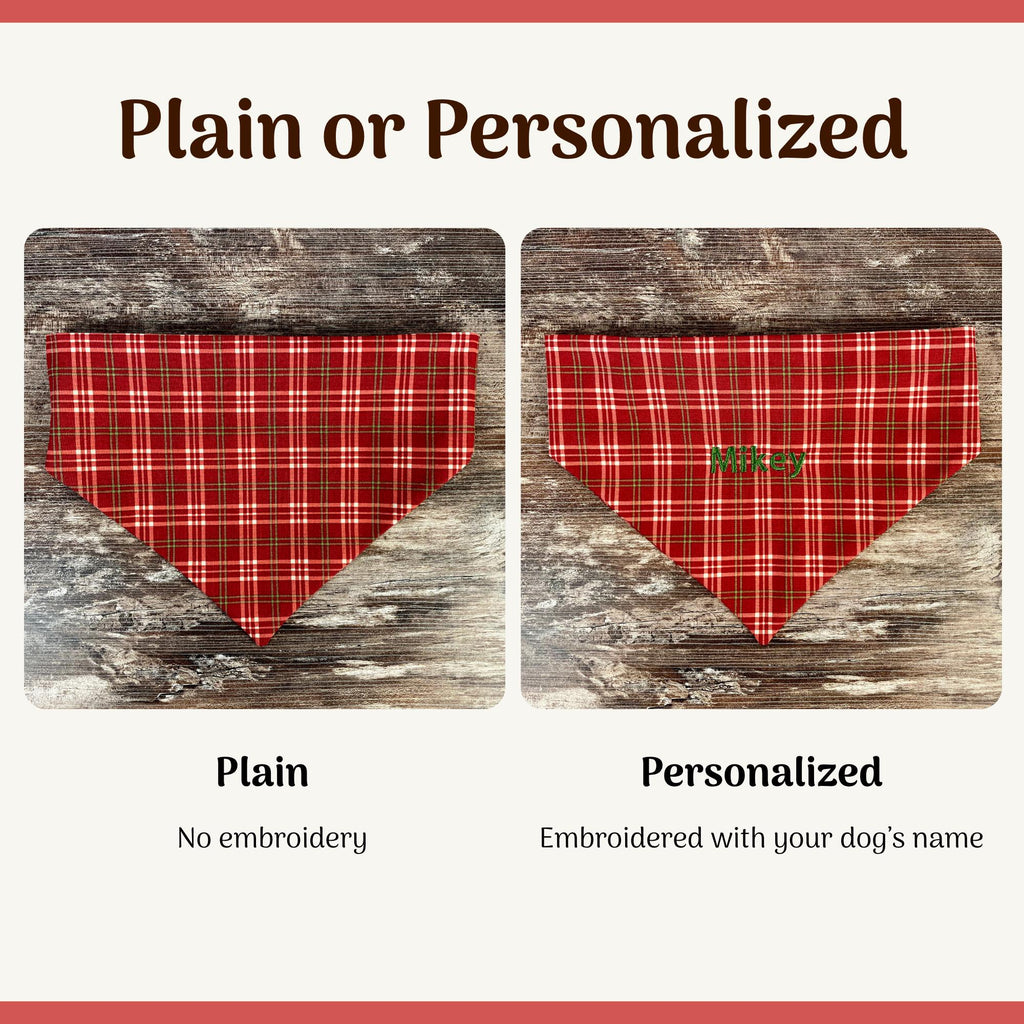 Personalized Red Plaid Dog Bandana with Custom Embroidery and a Scrunchie Neck