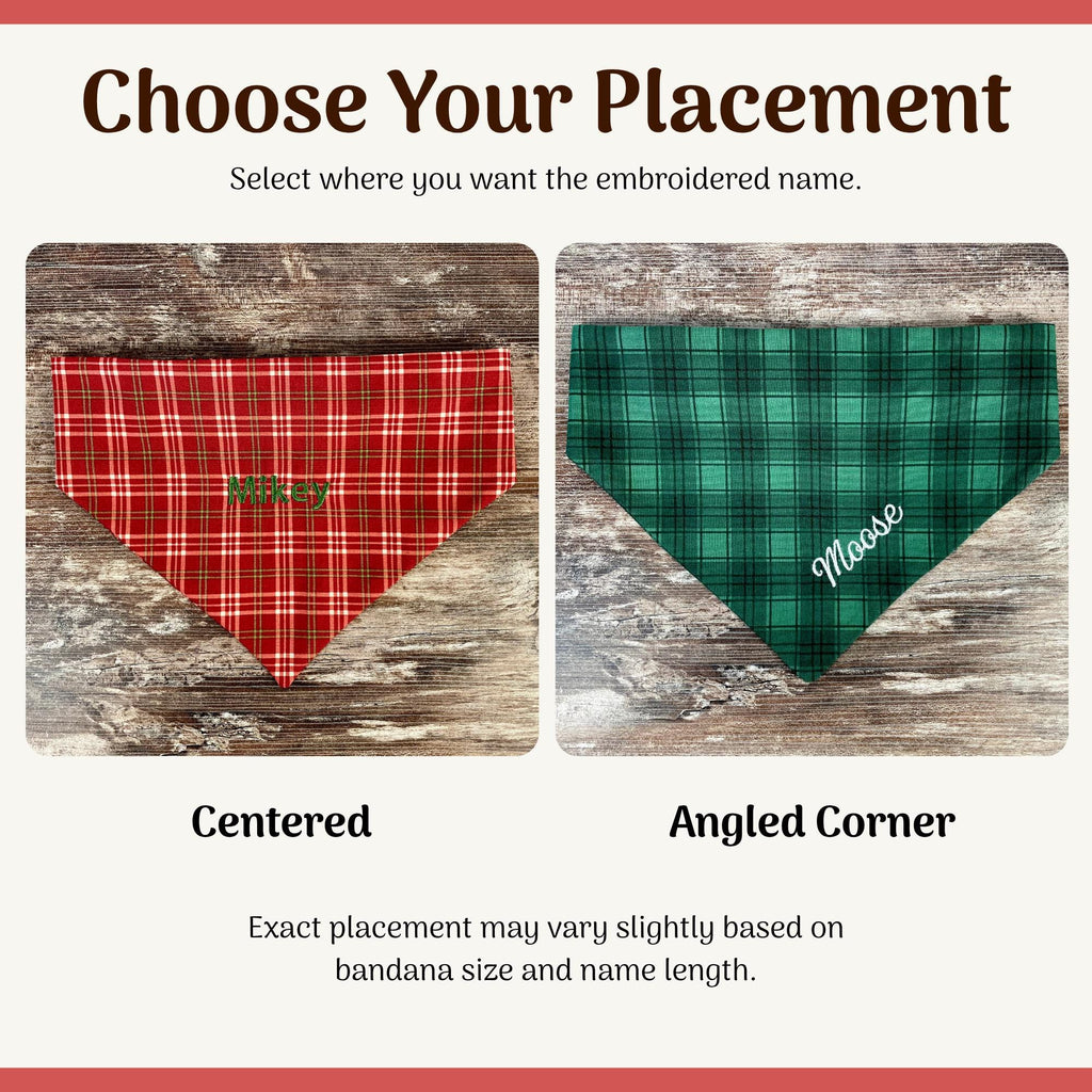 Personalized Green Plaid Dog Bandana with Custom Embroidery and a Scrunchie Neck