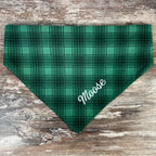 Personalized Green Plaid Dog Bandana with Custom Embroidery and a Scrunchie Neck