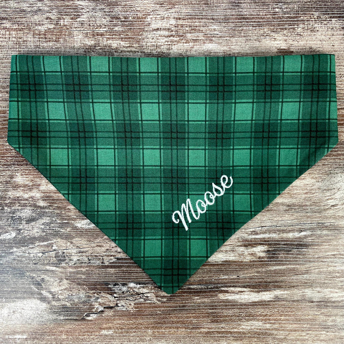 Personalized Green Plaid Dog Bandana with Custom Embroidery and a Scrunchie Neck