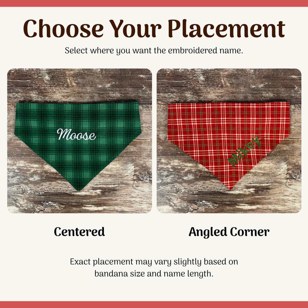 Personalized Red Plaid Dog Bandana with Custom Embroidery and a Scrunchie Neck